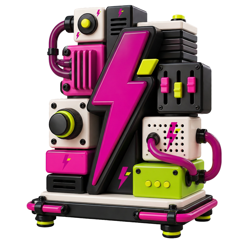 A tactile pink, ink and acid-green build machine arranged around the Northern Sass lightning bolt