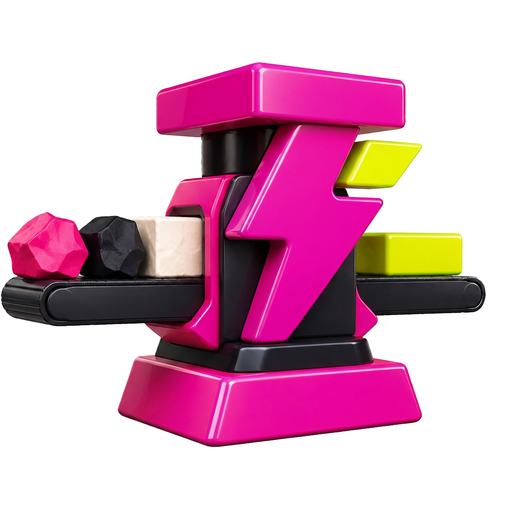 A pink lightning-bolt press turning rough pink, ink and paper blocks into a clean acid-green signal