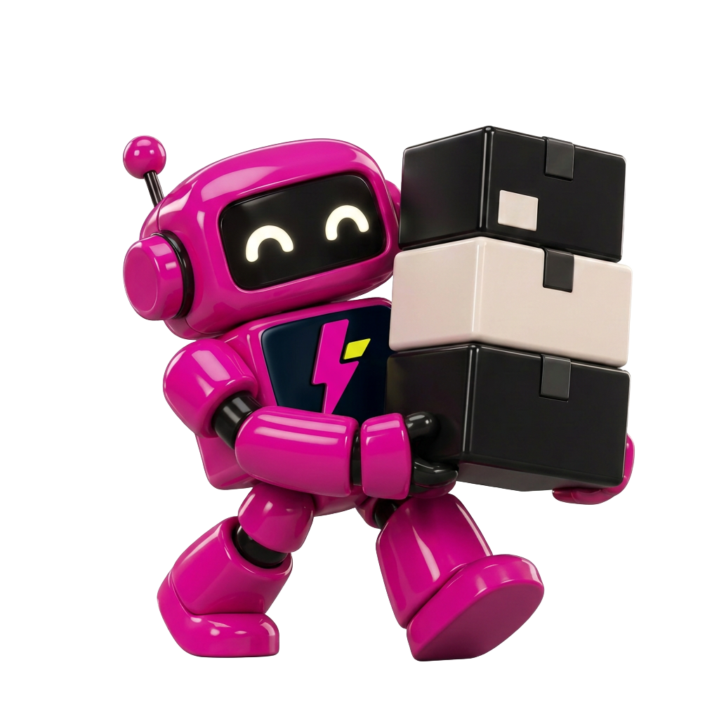 A glossy hot-pink robot with a lightning badge and acid-green notch carrying three ink and paper boxes